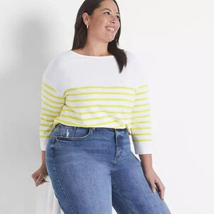 NEW Lane Bryant Boatneck Sailor Tee Shirt Women 26 28 White Yellow Stripe Casual
